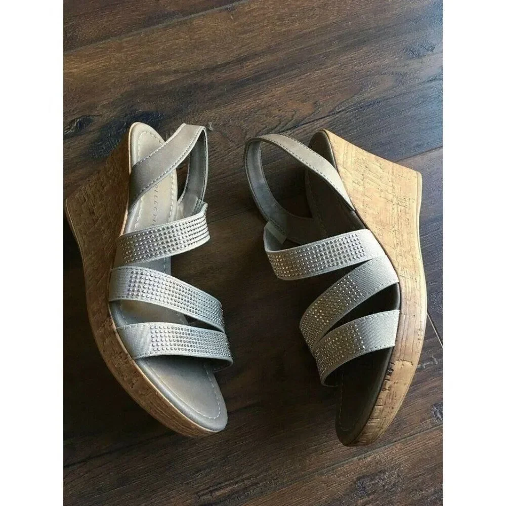 𝅺m&s British Taupe Stone Stud Beach Sun High Wedges Shoes Sandals 6.5 EU37 Uk4